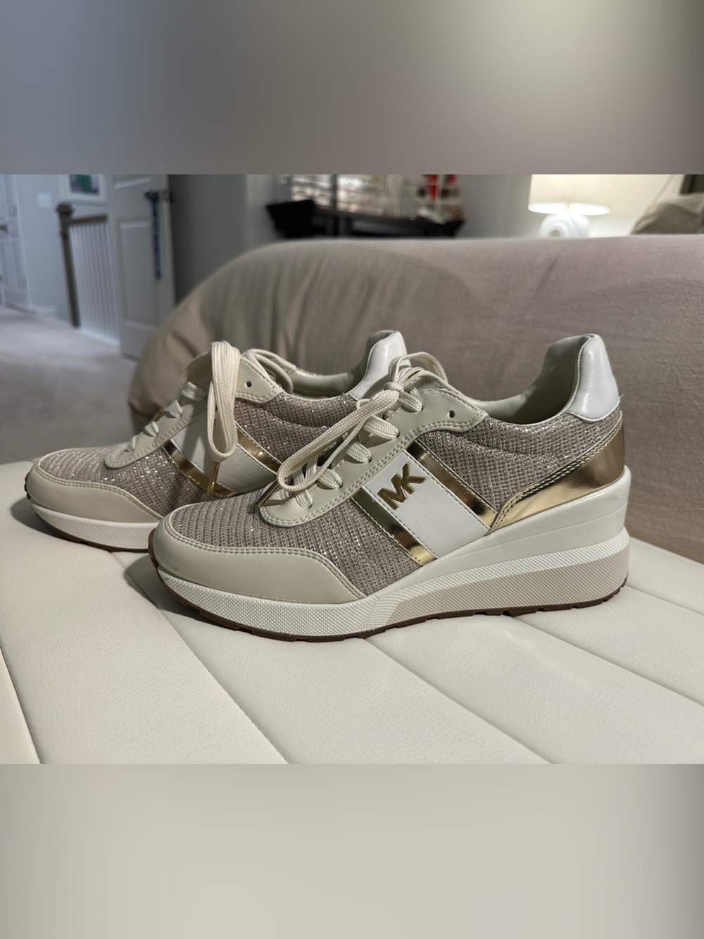 Michael Kors Cream & Gold Knit Leather-Trim Sneakers